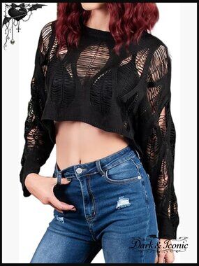Gothic Punk Sweater Long Sleeve Knit Crop Top Loose Fit Acrylic